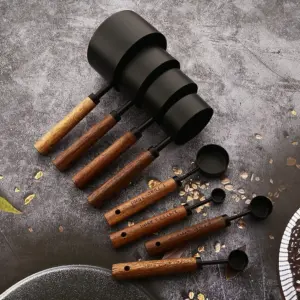 4/8Pcs Wooden Handle Stainless Steel Measuring Cups Spoons