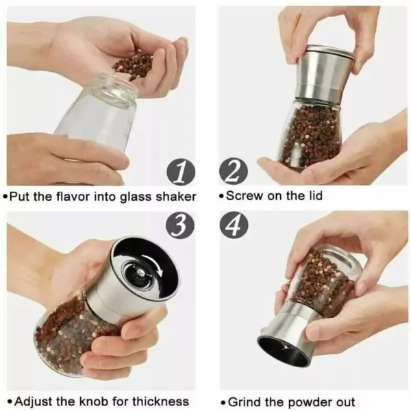 2x Pepper and Salt Grinder Set Mill Adjustable Stainless Steel Shaker - Image 6