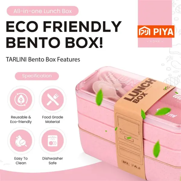 3-In-1 Compartment Wheat Straw Bento Box Reusable Tableware Lunch Containers Meal and Snack - Image 3