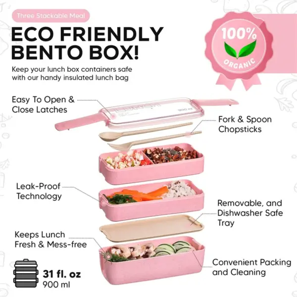 3-In-1 Compartment Wheat Straw Bento Box Reusable Tableware Lunch Containers Meal and Snack - Image 2