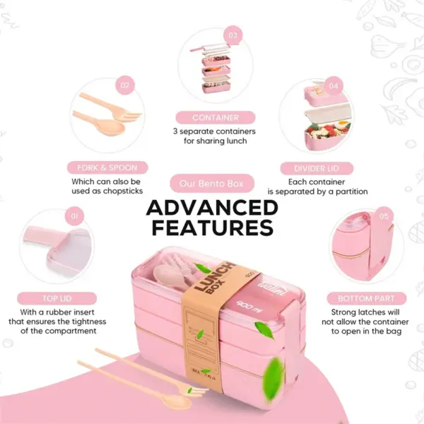 3-In-1 Compartment Wheat Straw Bento Box Reusable Tableware Lunch Containers Meal and Snack - Image 4