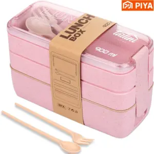 3-In-1 Compartment Wheat Straw Bento Box Reusable Tableware Lunch Containers Meal and Snack
