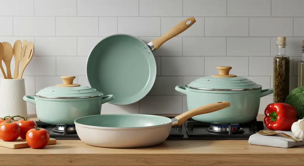 ceramic cookware pros and cons, A modern kitchen with pastel-colored ceramic cookware including a frying pan, saucepan, and Dutch oven, surrounded by wooden utensils and fresh vegetables on a countertop, symbolizing healthy and eco-friendly cooking.