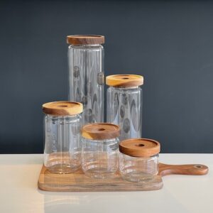 Glass Kitchen Pantry Storage Jar With Airtight Acacia Natural Wood Lid  - Choice Of Sizes - Rustic Minimalist Design - Stackable