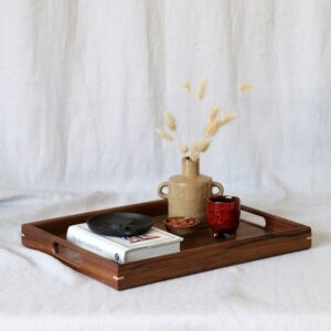 Walnut Wood Ottoman Tray with Handles, Catchall Footstool Storage, Modern Living Room Home Decor