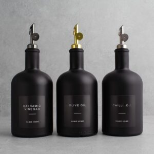 Matt Black Tall Neck Glass Oil Bottle 700ml Labelled - Refillable Dispenser Pourer For Kitchen Storage
