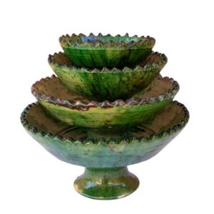 Moroccan Vintage Tamegroute Green Glazed Pedestal Fruit Bowl, Handmade Ceramic Tamegroute Serving Bowl