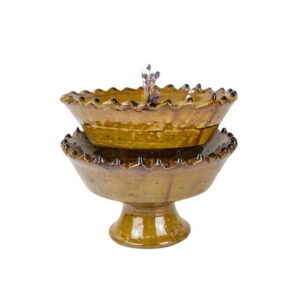 Moroccan Vintage Tamegroute Ochre Glazed Pedestal Fruit Bowl, Handmade Ceramic Tamegroute Serving Bowl