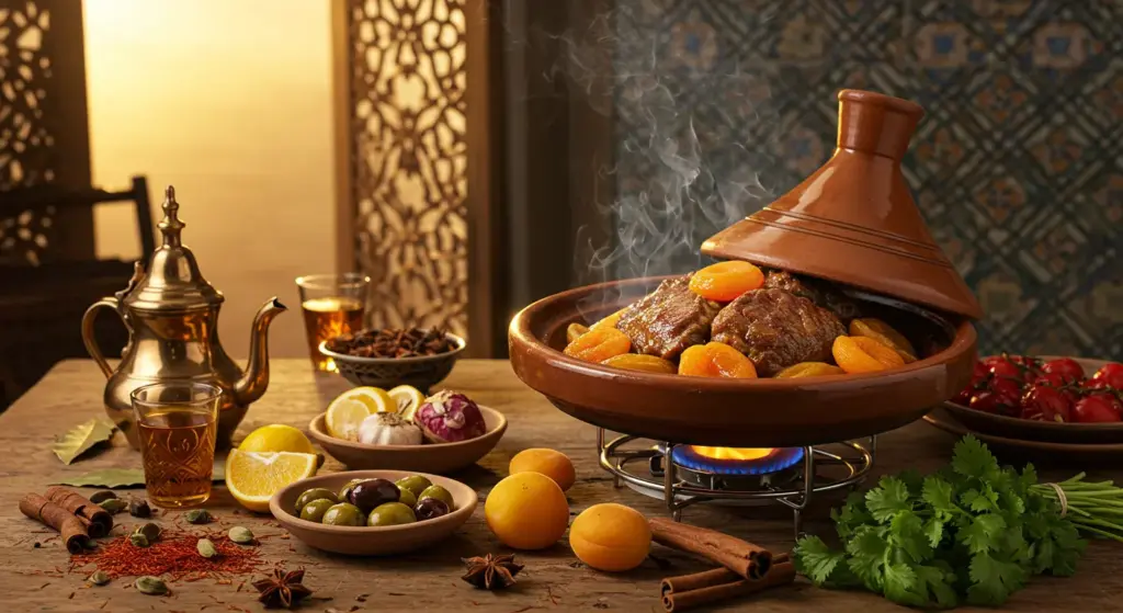 Traditional clay tagine cooking lamb with apricots and olives in Moroccan kitchen surrounded by spices and preserved lemons