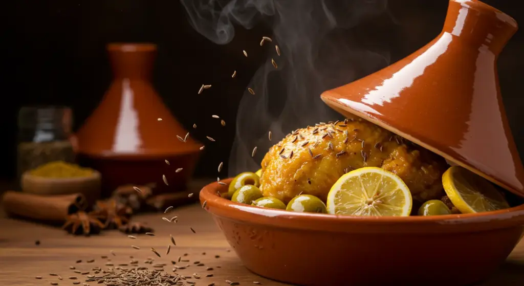 Tagine cooking tips, Close-up of steaming chicken tagine with olives and preserved lemons
