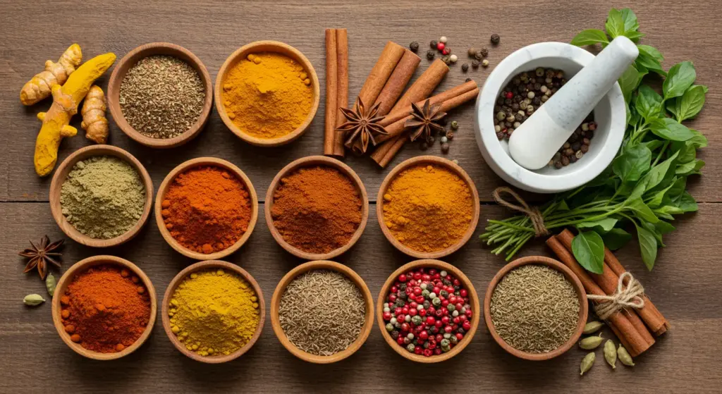 A vibrant display of the best spices for cooking, including turmeric, cumin, paprika, and cinnamon on a rustic kitchen surface.