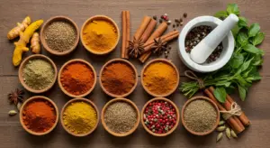 A vibrant display of the best spices for cooking, including turmeric, cumin, paprika, and cinnamon on a rustic kitchen surface.